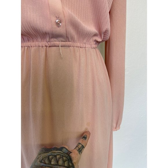 Vintage 70s Nylon Shirt Dress Size Small Collared Pastel Pink Academia Secretary - Picture 6 of 8
